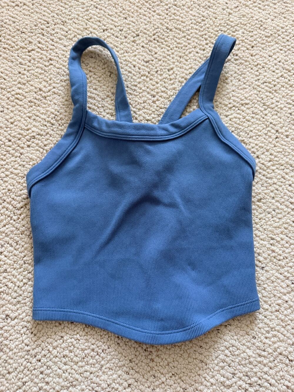 Womens Ribbed Crop Cami Tank Top Racerback Scoop Dusty Blue Yoga Pilates XS/S